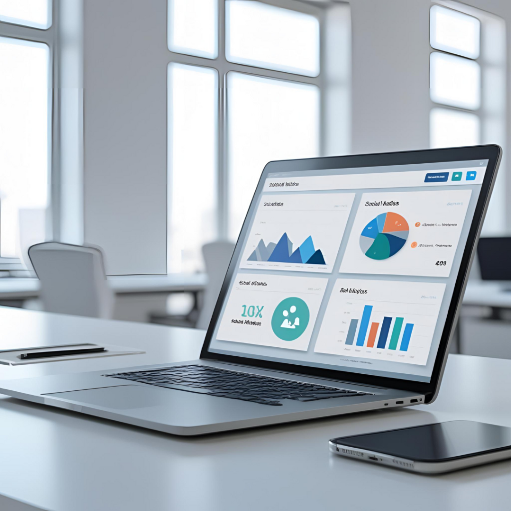 جهاز لابتوب على مكتب يعرض لوحة تحكم تحليلية (Dashboard) مع رسوم بيانية ومؤشرات أداء، ترمز إلى قياس وتحليل أرباح التسويق الرقمي.