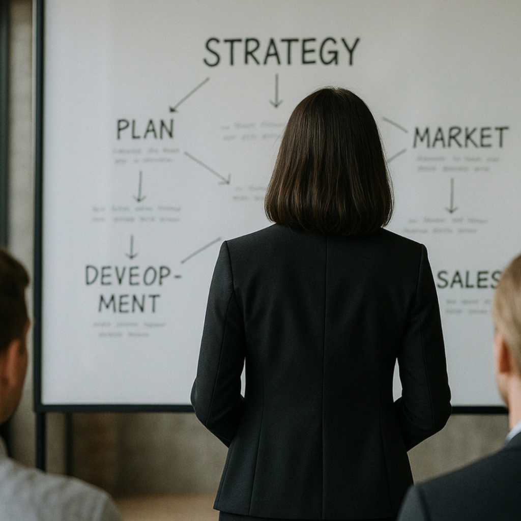 سيدة أعمال تقف أمام لوحة توضح استراتيجية التسويق وخطوات الخطة والتطوير والمبيعات، في اجتماع يرمز لعمل أفضل شركات التسويق الإلكتروني على بناء استراتيجيات فعّالة.